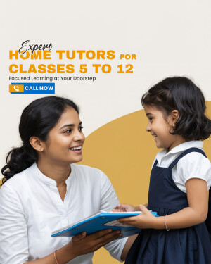 A tutor assisting a young student with a tablet, promoting home tutoring services.