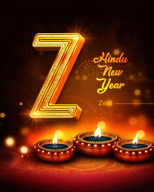 Golden letter 'Z' with lit diyas and Hindu New Year text
