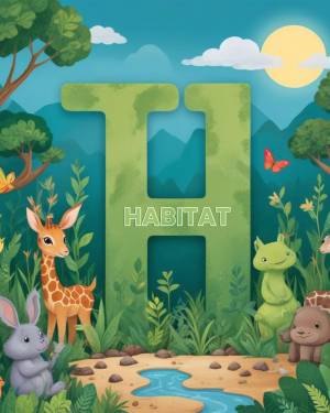 Illustration of the letter H surrounded by a lush habitat with animals