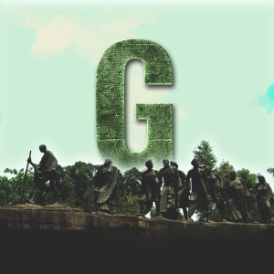 Green letter G with silhouettes of statues in the background