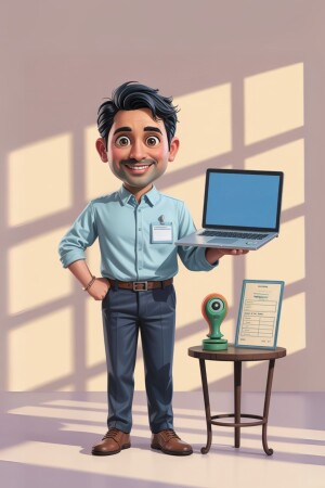 Cartoon illustration of a man presenting a laptop
