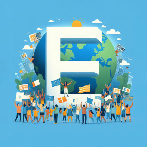 Illustration of a large letter 'E' encompassing a globe with diverse people celebrating around it.