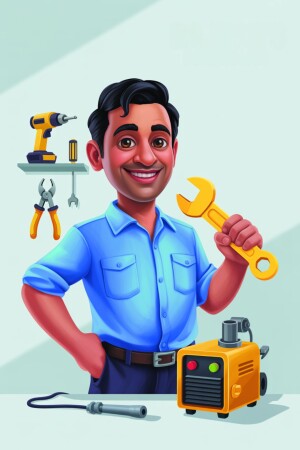 Cartoon illustration of a smiling handyman holding a wrench with tools around him.