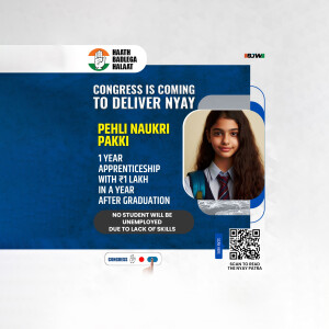 Image promoting the Congress party's Pehli Naukri Pakki scheme with a young woman's photo.