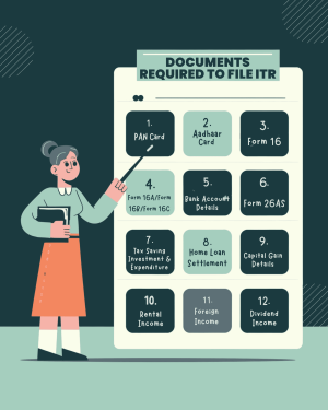 Illustration of a woman pointing to a list of documents needed for filing Income Tax Return (ITR).