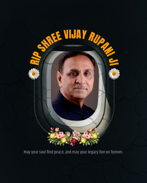 Portrait of Shree Vijay Rupani Ji with floral tributes