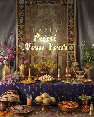 A beautifully decorated table for Parsi New Year, featuring traditional items and a 'Happy Parsi New Year' message.
