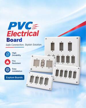 A collection of white PVC electrical modular boards displayed on a blue background