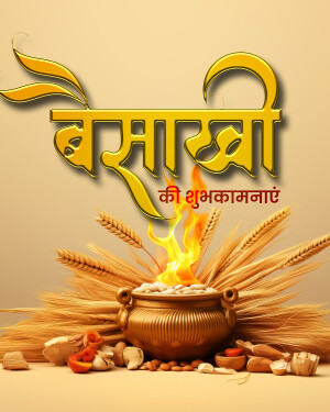 Baisakhi festival greeting with wheat stalks, a cooking pot, and fire.