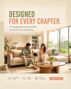 A happy Indian family sitting in a bright and cozy living room of a modern 3 BHK apartment.