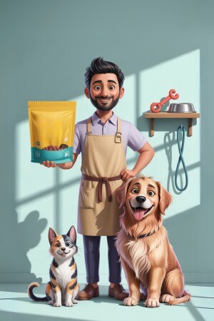 A man holding a bag of pet food with a dog and cat.