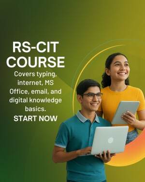 RS-CIT Course advertisement featuring two students with laptops and tablets.