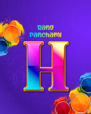 Colorful Rang Panchami graphic with the letter H