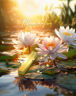 Lotus flowers floating on water with a golden light source and reflection.