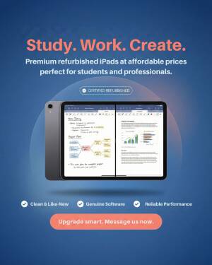 A premium refurbished iPad showcasing productivity apps and note-taking features on a blue gradient background.