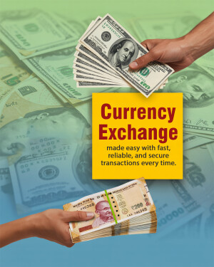 Hands exchanging US dollars for Indian Rupees with a currency exchange advertisement.