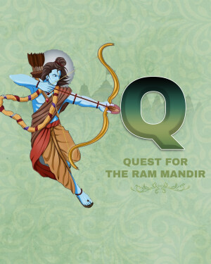 Illustration of Lord Rama aiming with a bow and arrow, with the letter 'Q' and text 'Quest for the Ram Mandir'