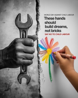 Image depicting the contrast between child labor and a child's right to education and play.
