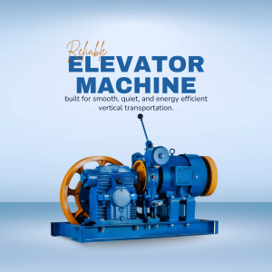 Image of a blue and gold elevator machine with the text 'Reliable Elevator Machine'