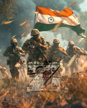 Indian soldiers with the Indian flag and the number 75 representing India's Independence Day.