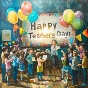 A painting of a classroom celebrating Teacher's Day with balloons and students giving cards to their teacher.