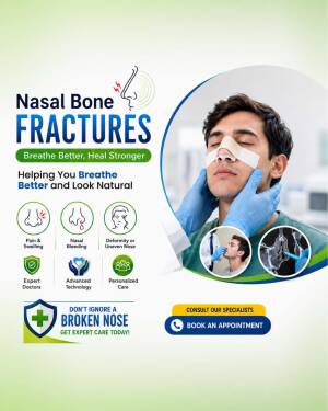 A medical infographic explaining symptoms and treatment for nasal bone fractures with a patient receiving care.