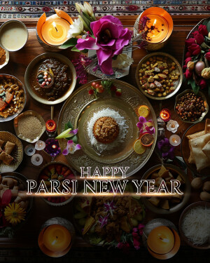 Overhead view of a beautifully arranged Nowruz table with traditional foods and lit candles.