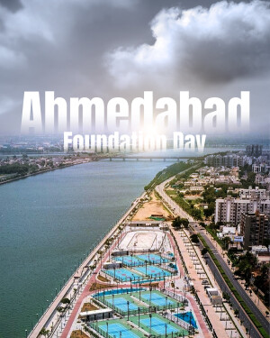 Aerial view of Ahmedabad city with text 'Ahmedabad Foundation Day'