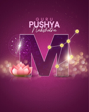 Graphic design featuring the letter 'M' formed by stars with a lotus flower, celebrating Guru Pushya Nakshatra.