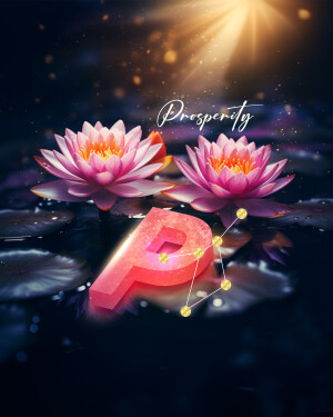 Pink lotus flowers with a glowing 'P' symbol representing prosperity