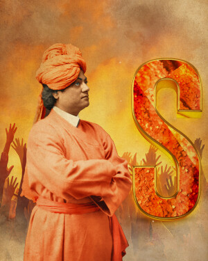 Portrait of Swami Vivekananda with a large golden letter 'S' in the foreground.