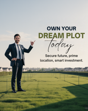Man pointing towards a residential plot with text 'Own Your Dream Plot'
