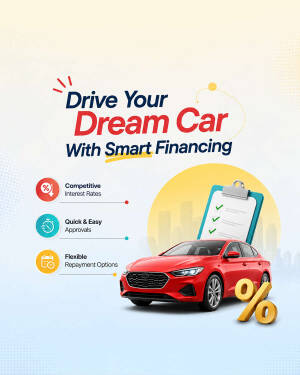 A bright marketing poster for car loan financing featuring a red car, checklist, and percentage icon