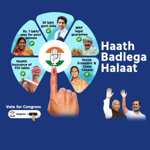 Indian National Congress campaign poster with hand pointing at a voting symbol.