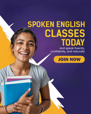Young woman holding books promoting spoken English classes