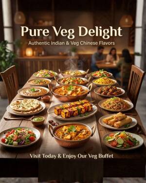 A beautifully laid dining table filled with a variety of authentic Indian and Chinese vegetarian dishes