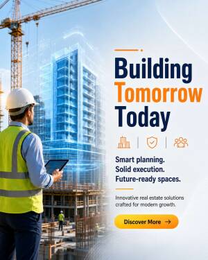 Construction manager looking at a digital building plan on a tablet at a construction site with futuristic building visualization.