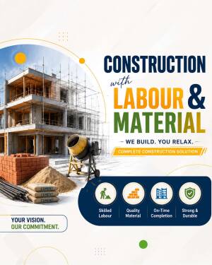 A promotional banner for construction services featuring a building under construction, a cement mixer, construction materials, and key service highlights.