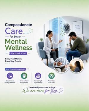 A mental health awareness flyer showing a doctor counseling a patient and highlighting services like anxiety treatment and counseling.