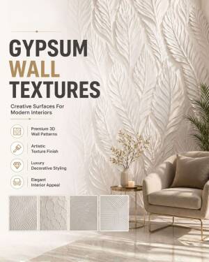 Luxury interior living room with 3D feather-patterned gypsum wall panels and minimalist furniture