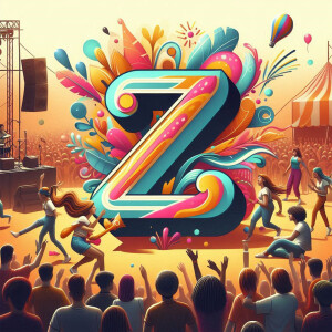 Colorful illustration of the letter Z with a festival scene in the background