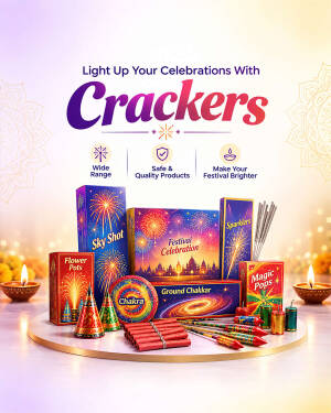 An assortment of colorful firecracker boxes and sparklers arranged on a circular platform with diyas for Diwali celebration.