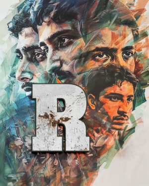 Abstract movie poster featuring multiple portraits and a large letter 'R'