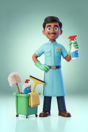 3D rendering of a smiling cleaning professional with cleaning supplies