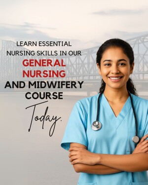 A smiling female nurse promoting a General Nursing and Midwifery course.