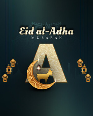 Eid al-Adha Mubarak with Crescent Moon and Goat Illustration