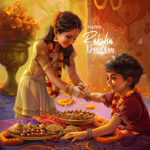Illustration of a sister tying a Rakhi to her brother during Raksha Bandhan celebrations.