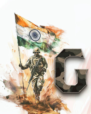 Watercolor painting of an Indian soldier holding the Indian flag with a large letter G in camouflage pattern