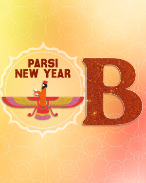 Parsi New Year graphic with a Faravahar symbol and a sparkling letter B
