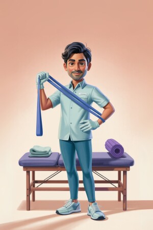 Cartoon illustration of a male physiotherapist demonstrating exercise with a resistance band.